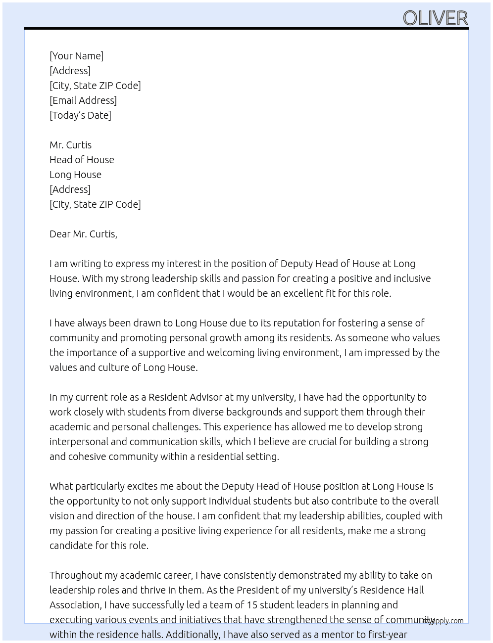 Deputy Head of House At Long house  Cover Letter