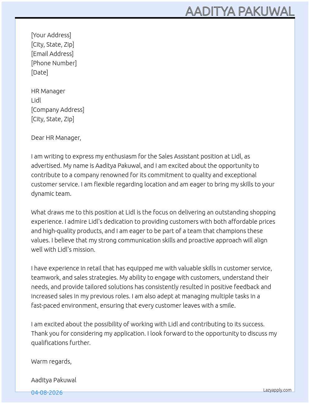 Sales Assistant At Lidl Cover Letter