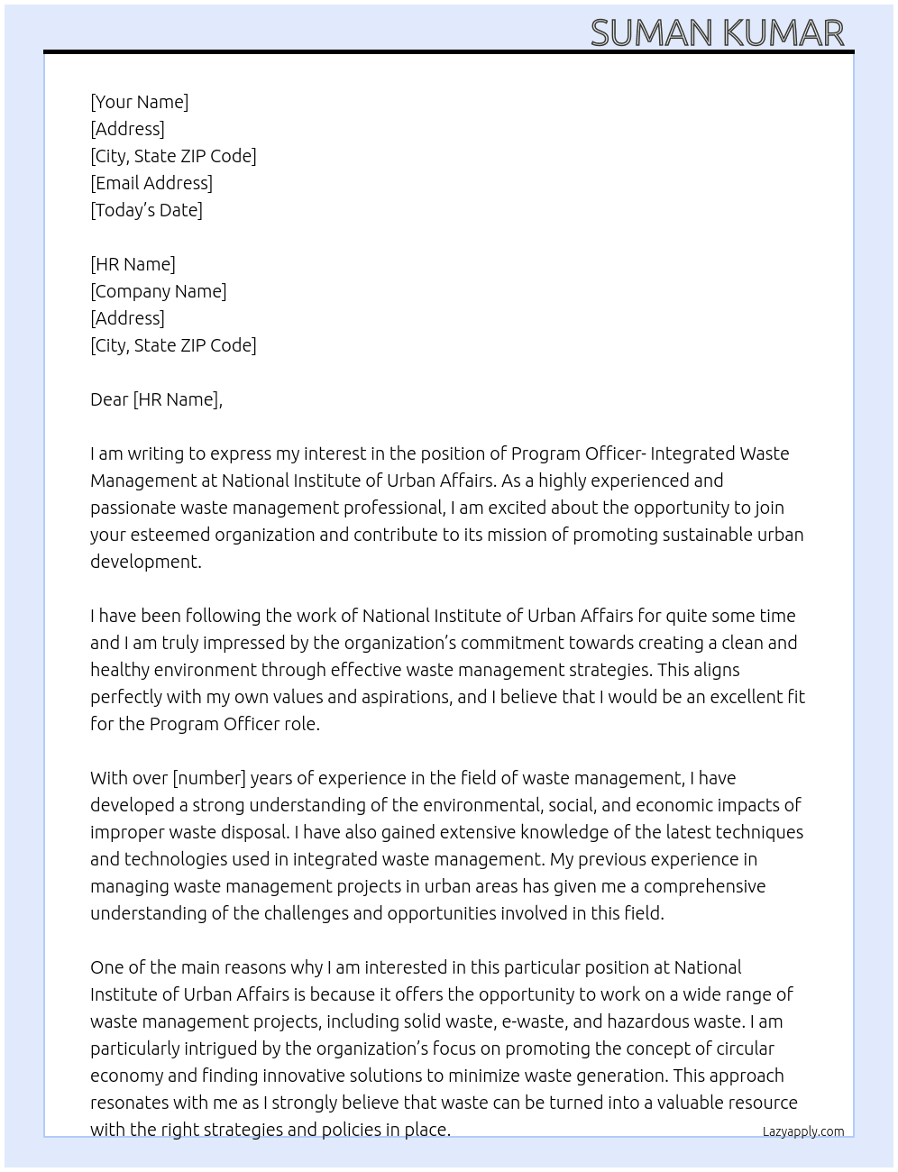 Program Officer- Integrated Waste Management  At National Institute of Urban Affairs Cover Letter