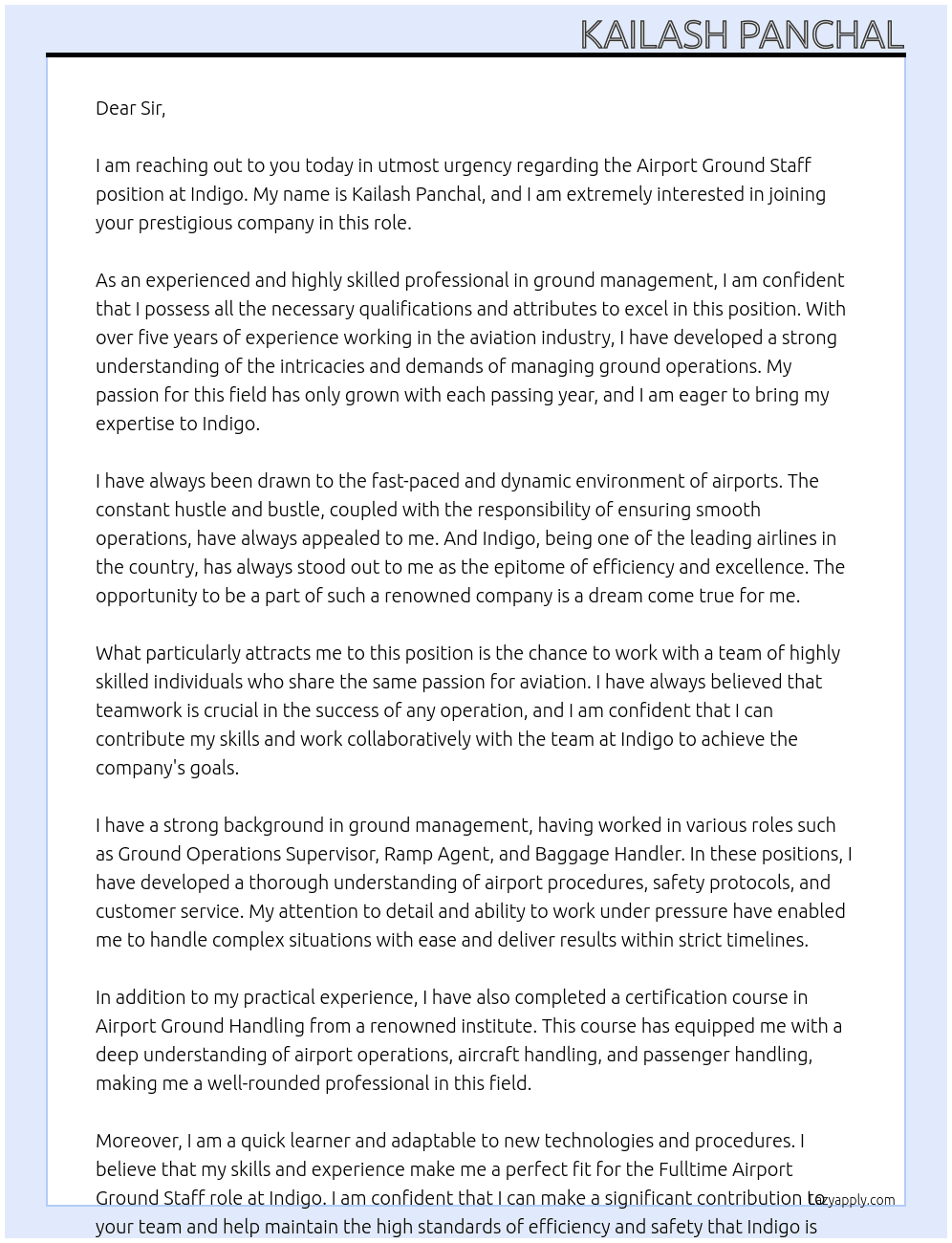 Airport ground staff  At Indigo Cover Letter