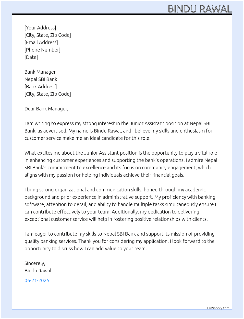 Junior Assistant At Nepal SBI Bank Cover Letter