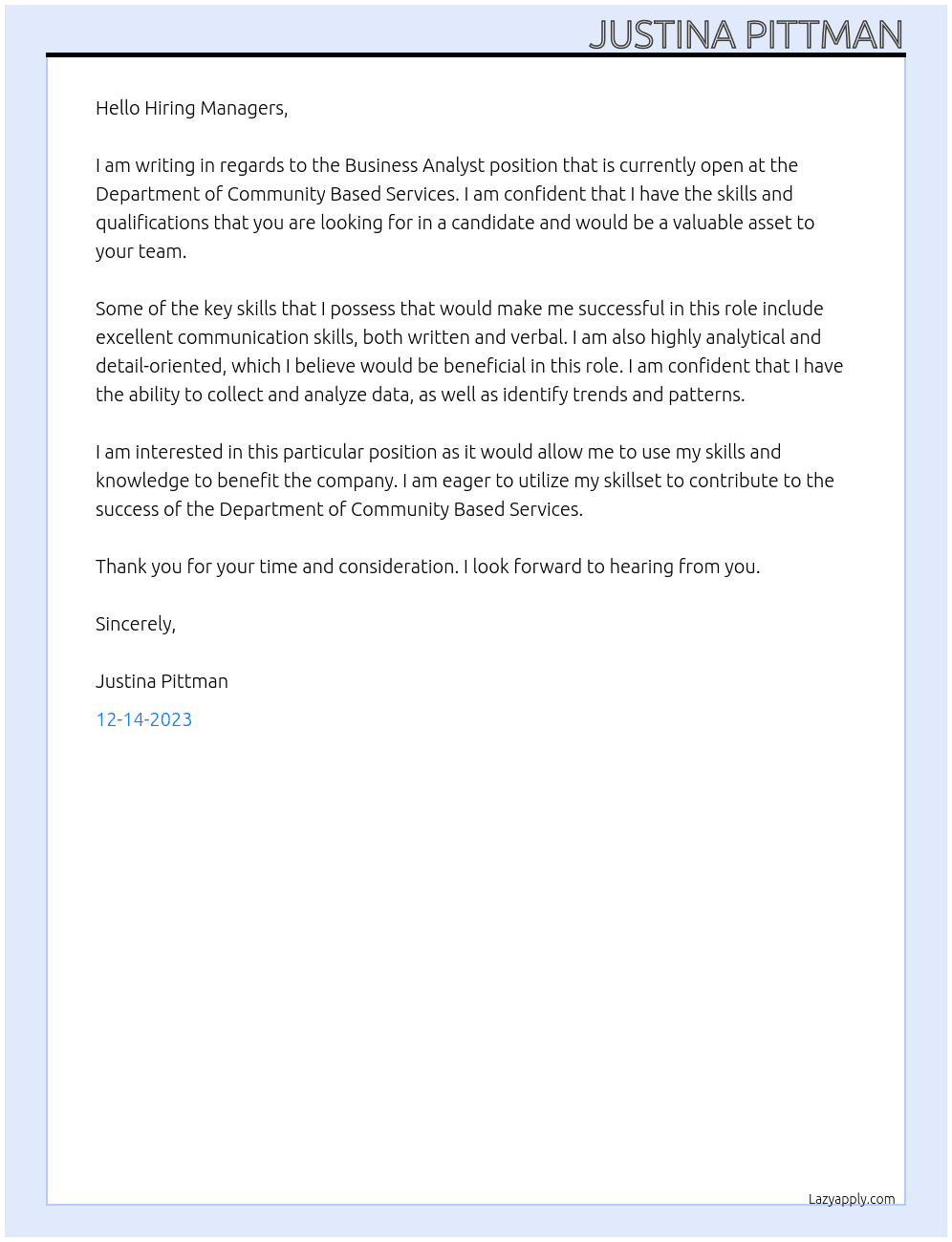 Business Analyst  At Department of Community Based Services  Cover Letter