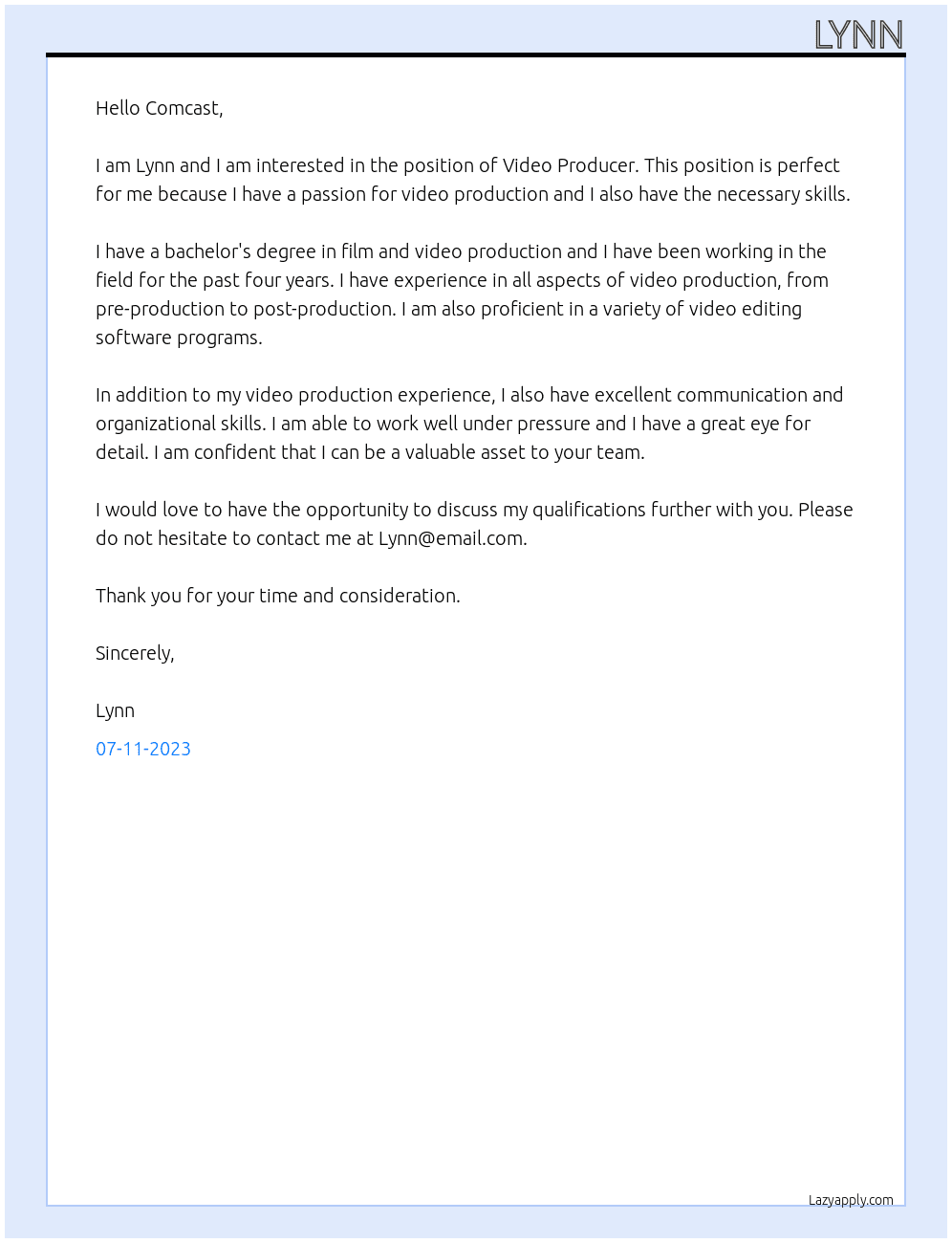 Video Producer At Comcast Cover Letter