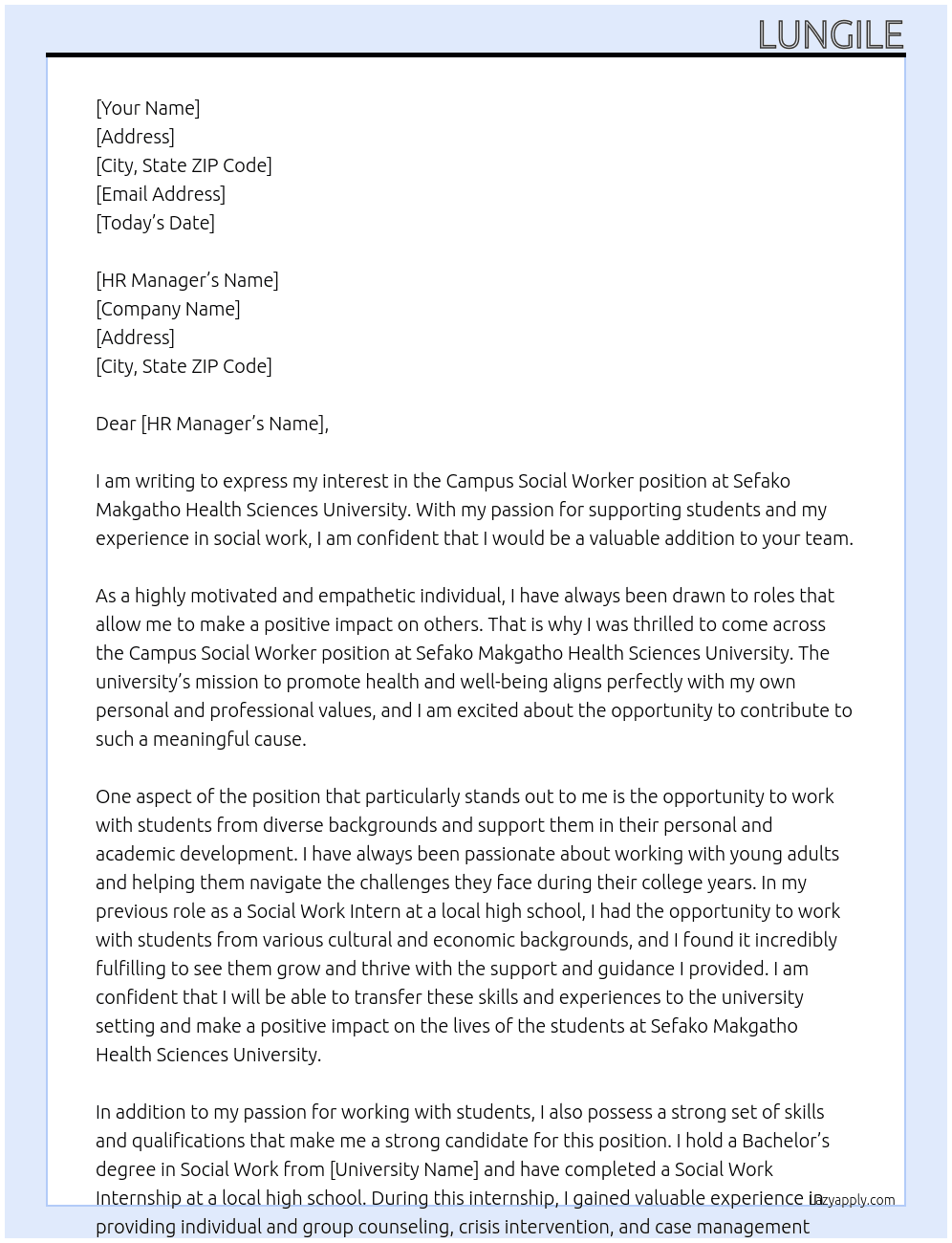 Campus Social Worker  At Sefako Makgatho Health Sciences University  Cover Letter