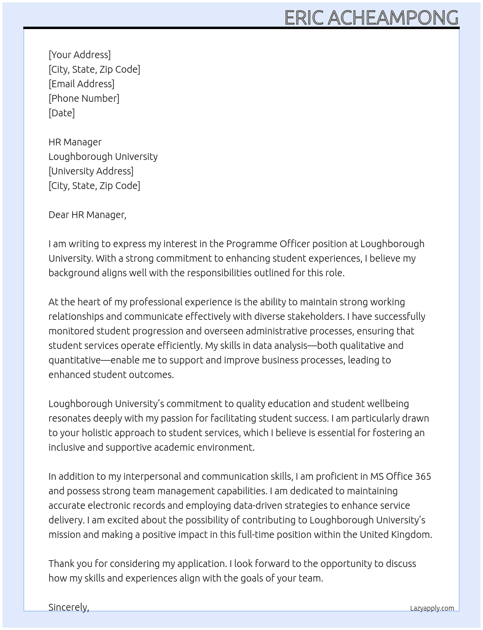 Cover letter for programmes officer - LazyApply