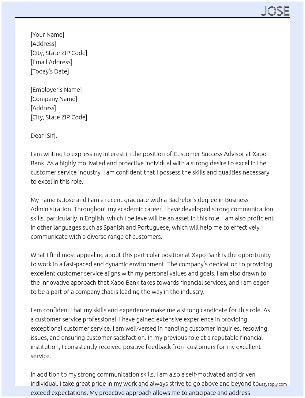 Customer Success Advisor At Xapo Bank Cover Letter