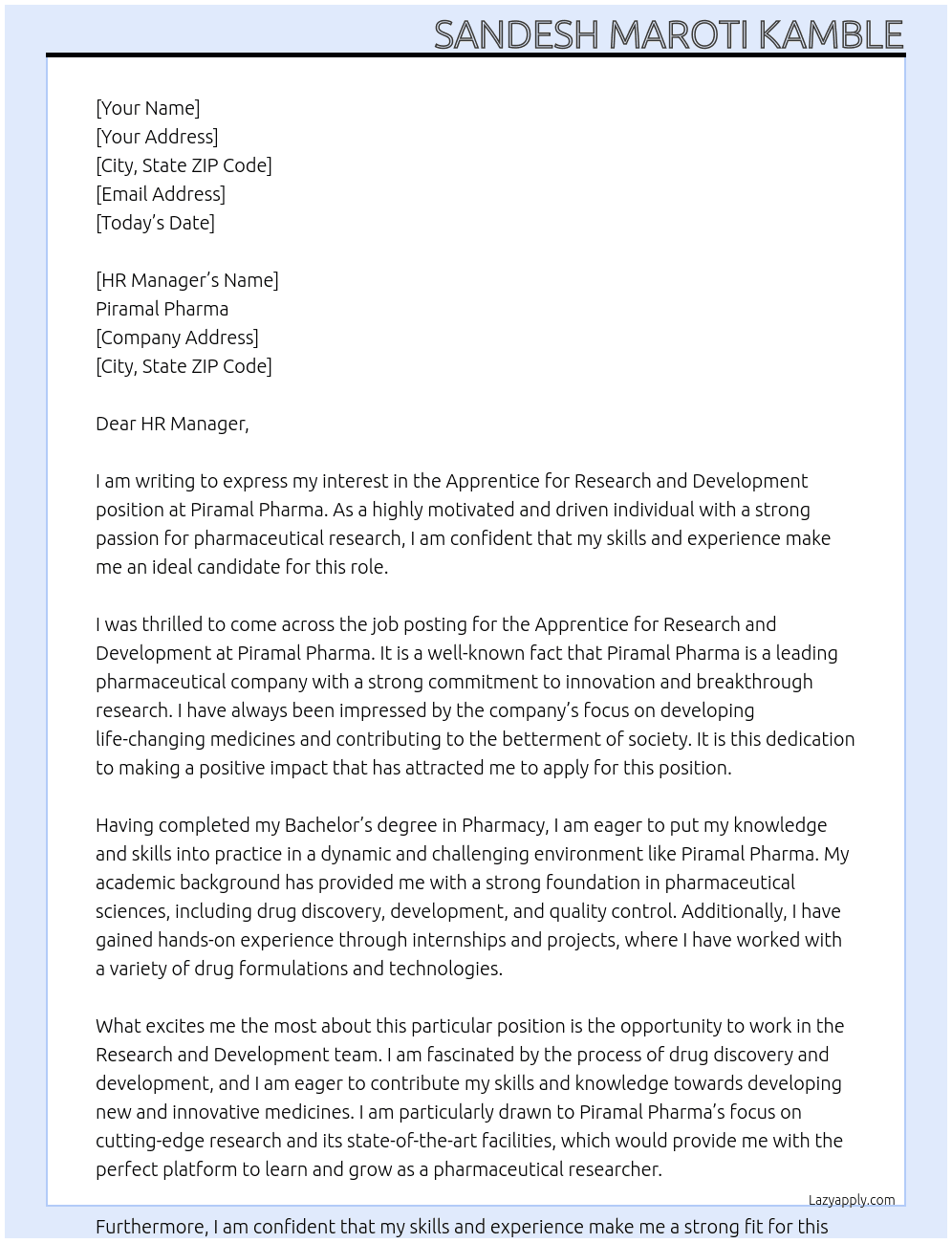Apprentice for research and development At Piramal pharma Cover Letter