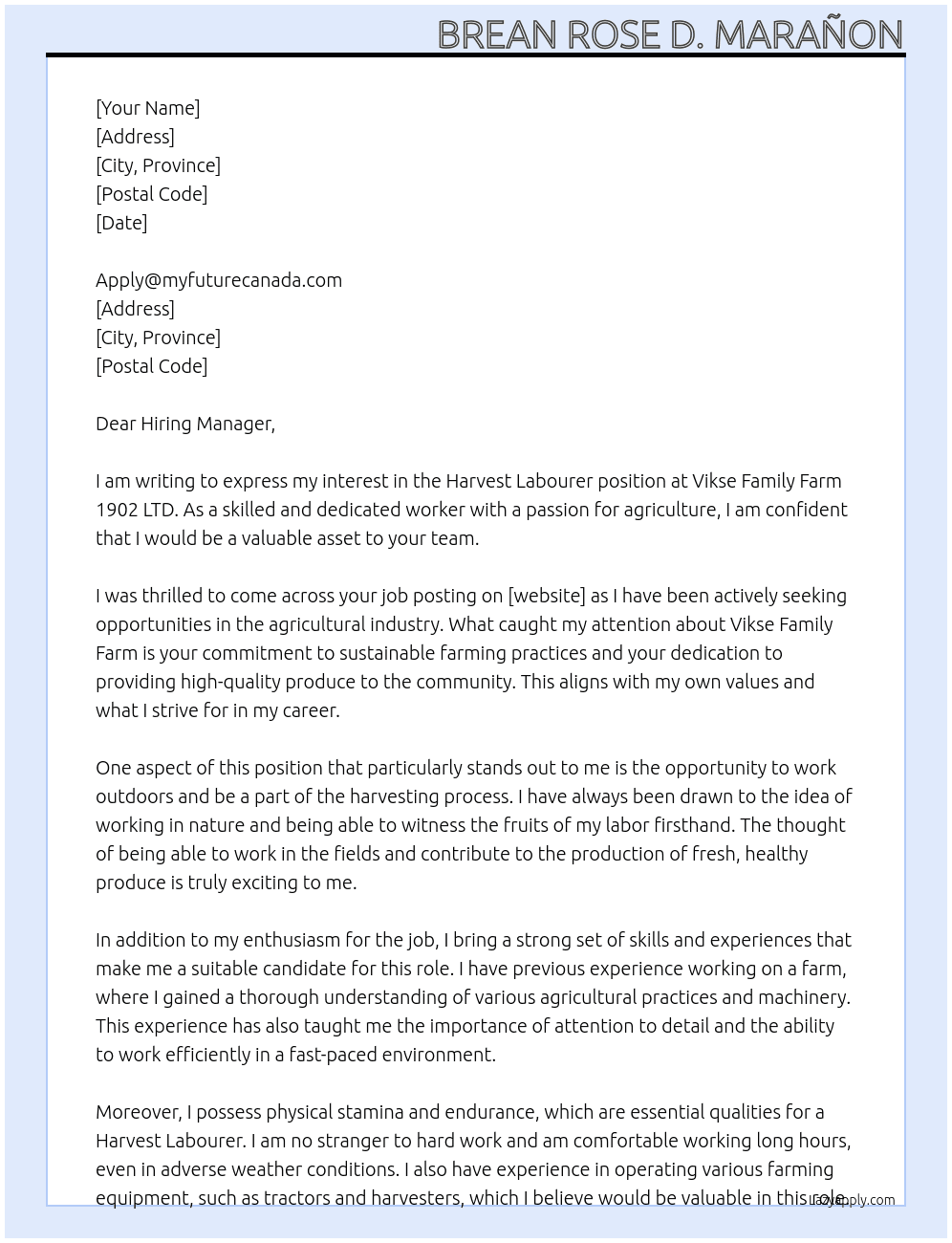 Cover letter for harvest labourer - LazyApply