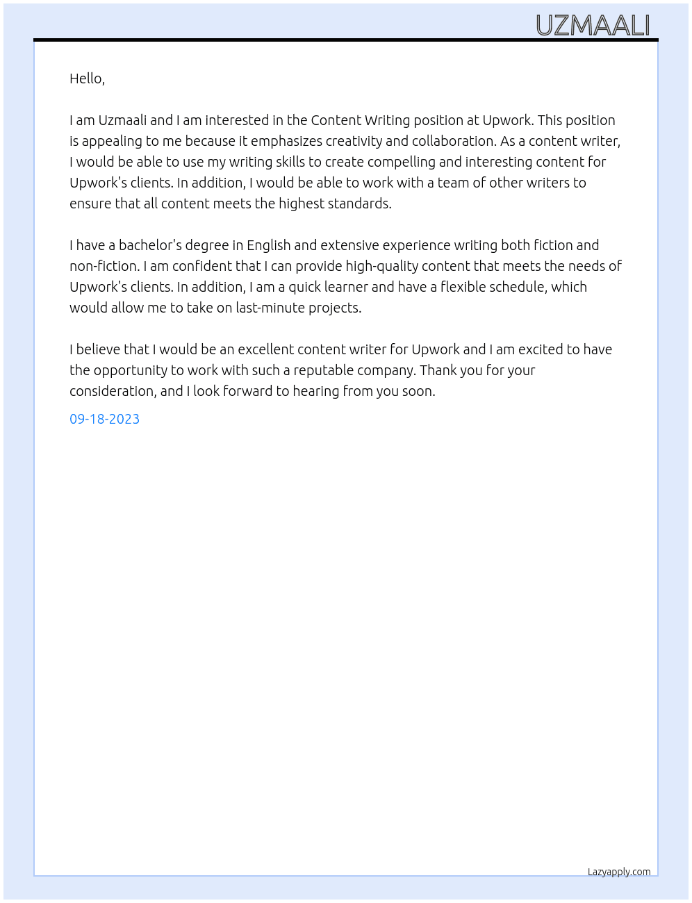 Content writing  At Upwork  Cover Letter