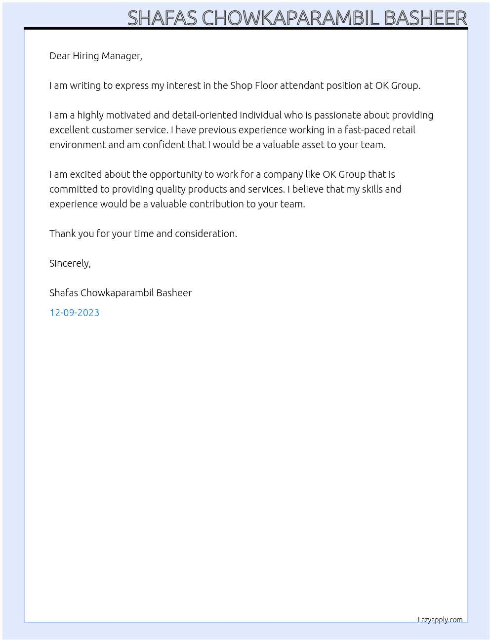Shop Floor attendant At OK Group Cover Letter