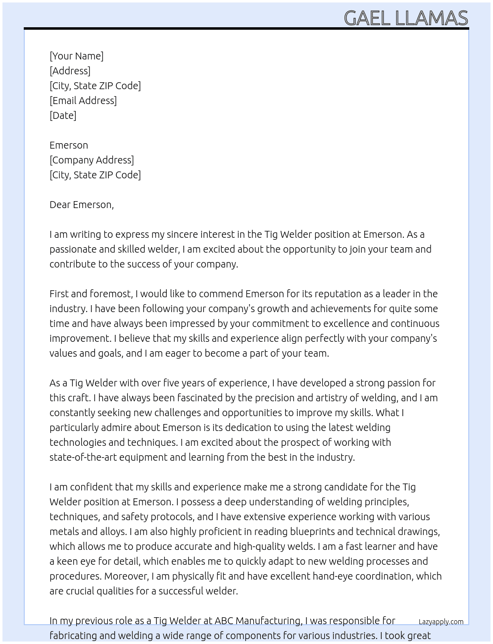 Tig welder At Emerson Cover Letter