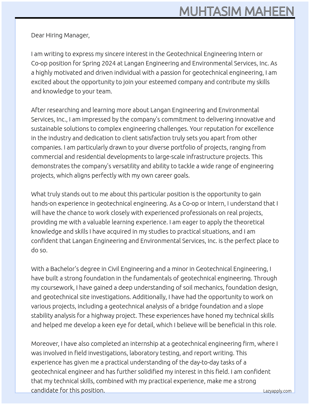 Geotechnical Engineering Intern or Co-op - Spring 2024 At Langan Engineering and Environmental Services, Inc.   Cover Letter