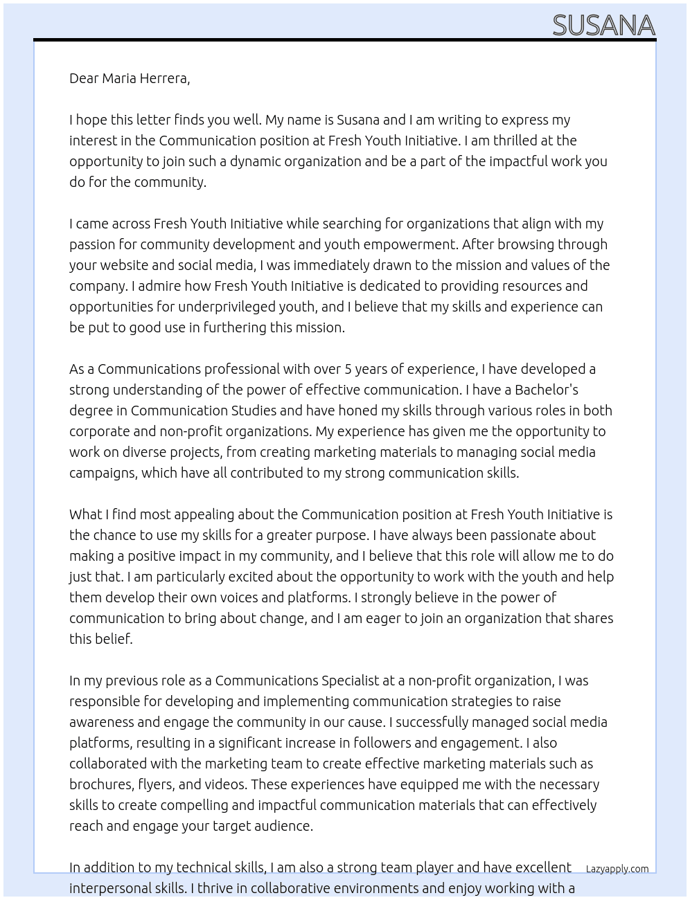 Communication At Fresh Youth Initiative Cover Letter
