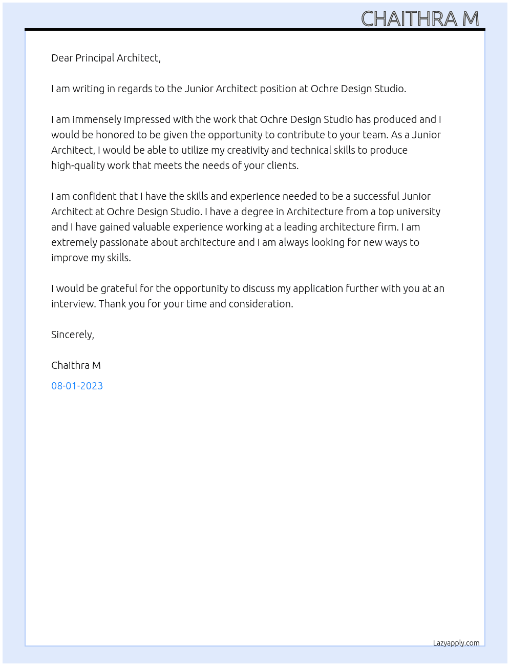 Junior architect  At Ochre design studio  Cover Letter