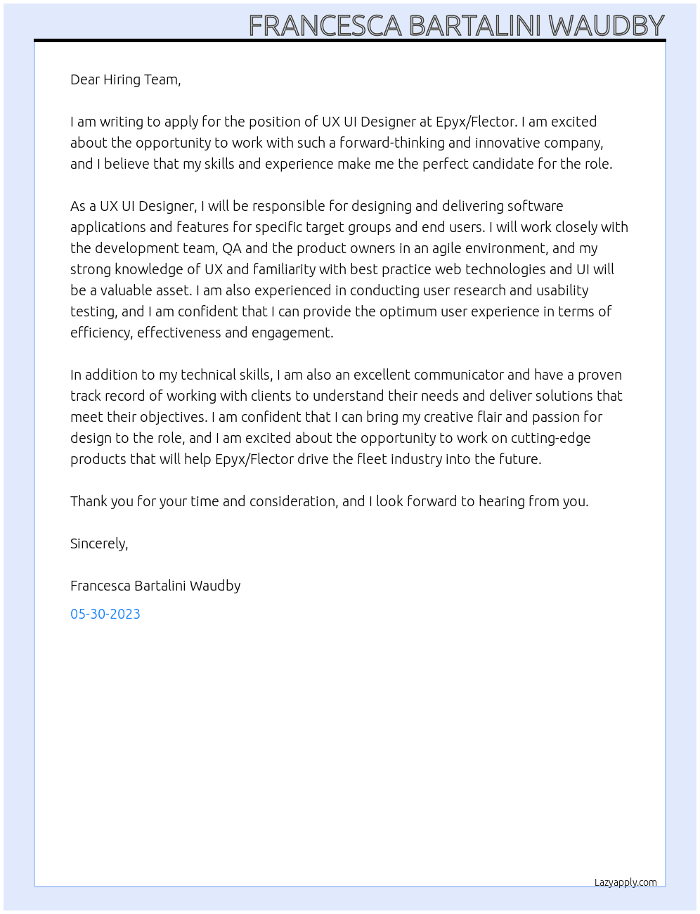 UX UI Designer At Epyx/Flector Cover Letter