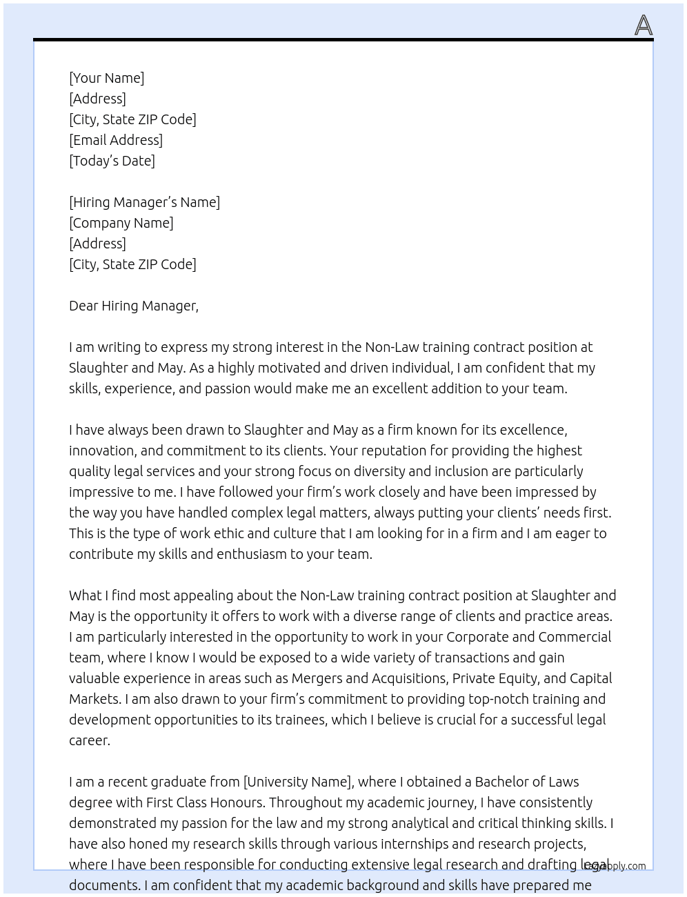 Non-Law training contract At Slaughter and May Cover Letter