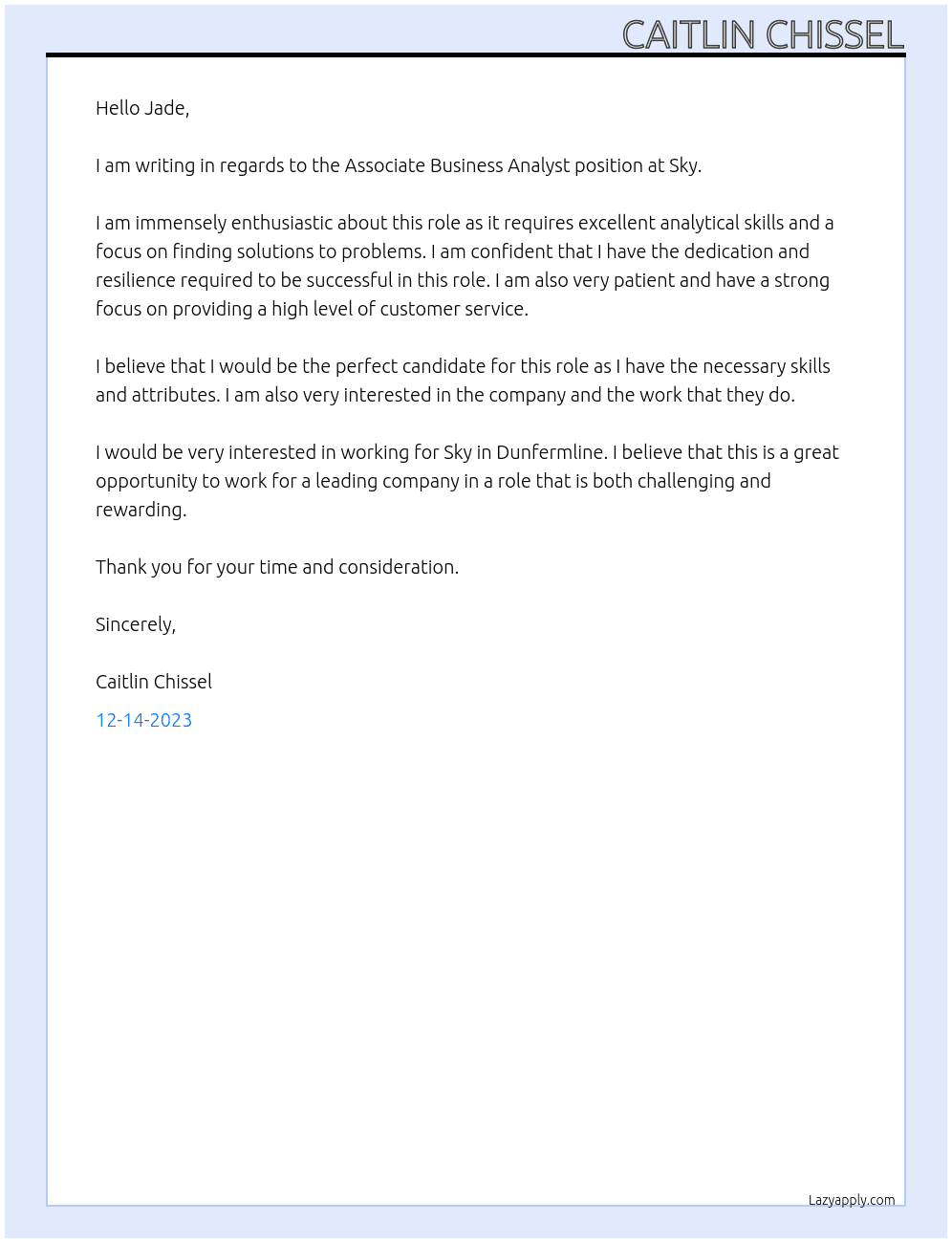 Associate Business Analyst At Sky Cover Letter