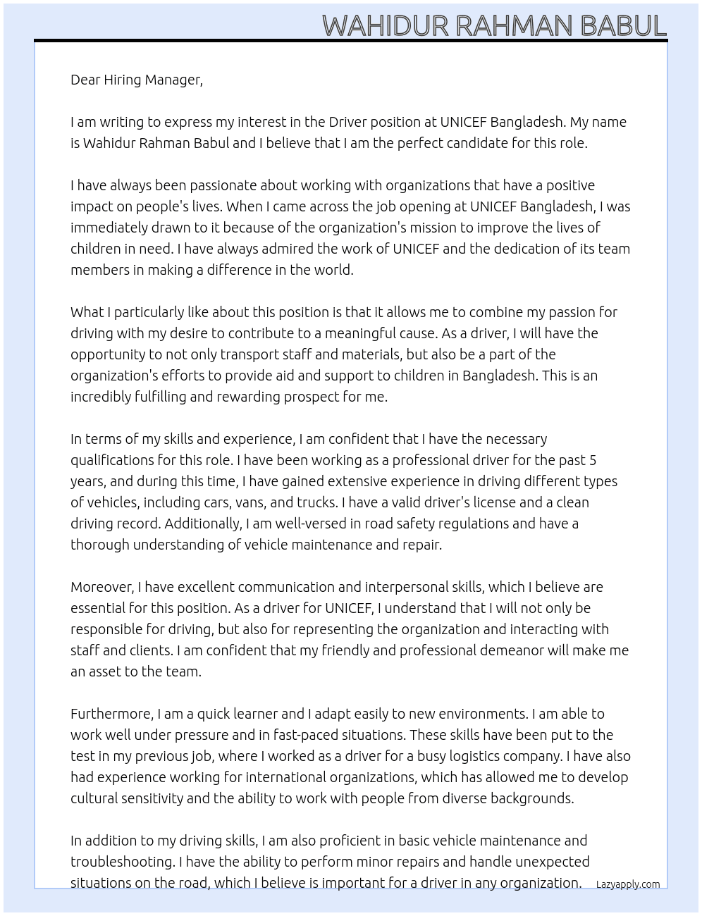 Driver At UNICEF Bangladesh Cover Letter