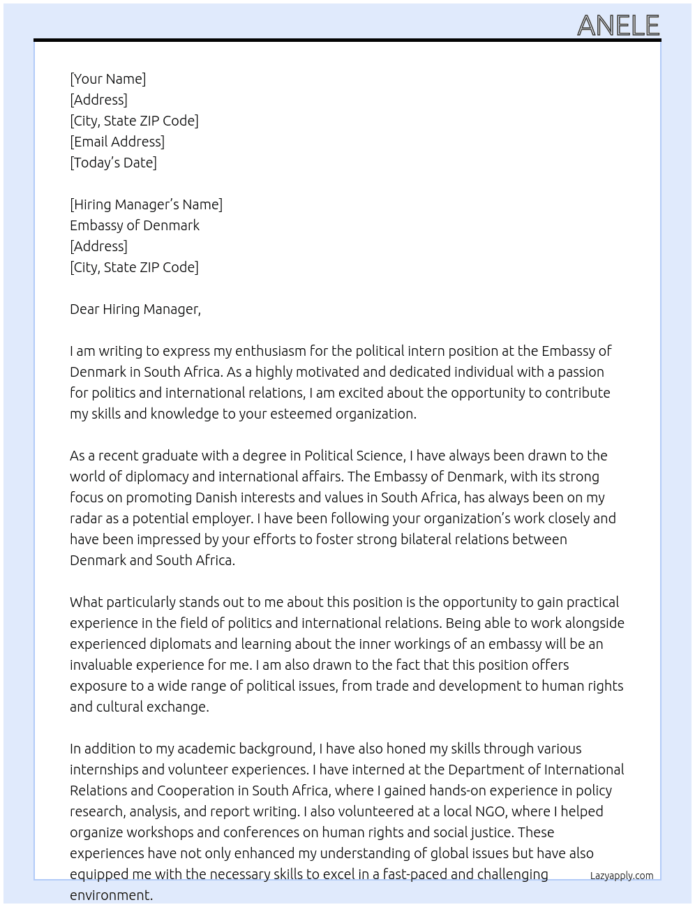 political intern At Embassy of Denmark Cover Letter