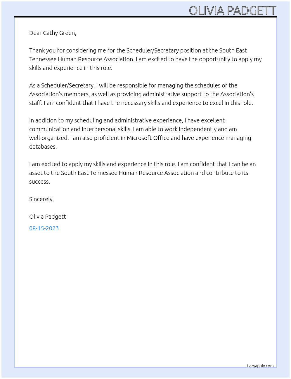 Scheduler/Secretary At South East Tennessee Human Resource Association Cover Letter