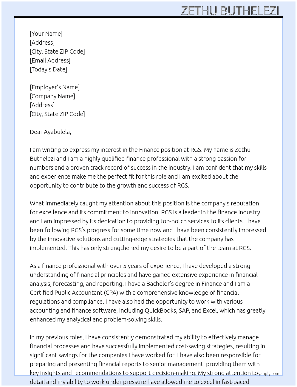 Finance position  At RGS Cover Letter