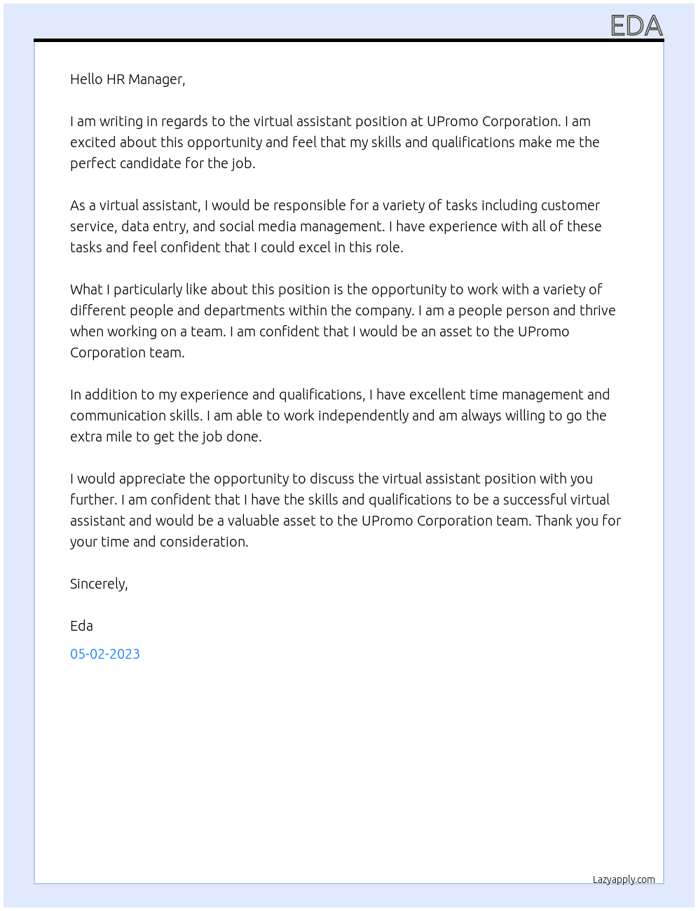 virtual assistant At UPromo Corporation Cover Letter