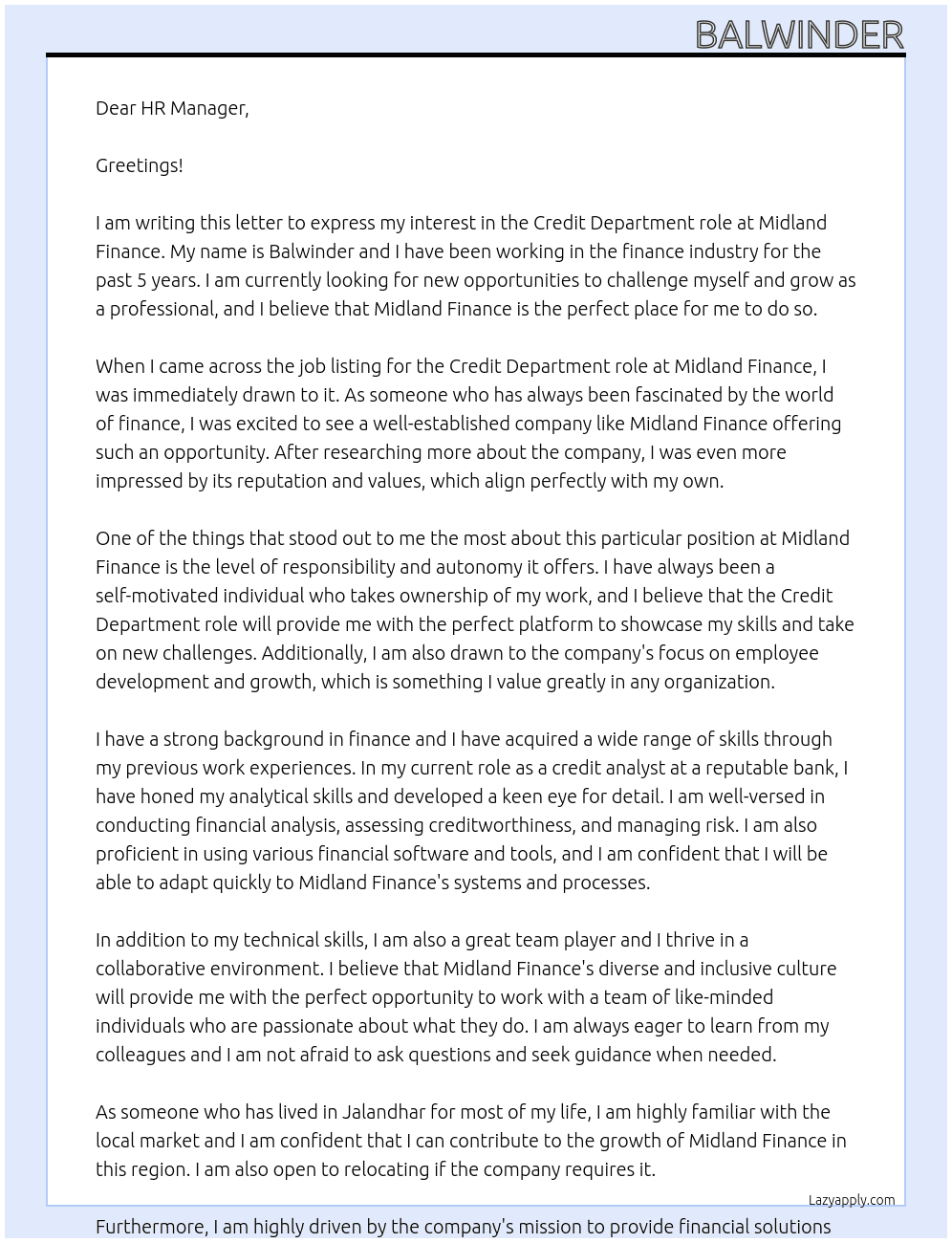 Finance company At Midland finance Cover Letter