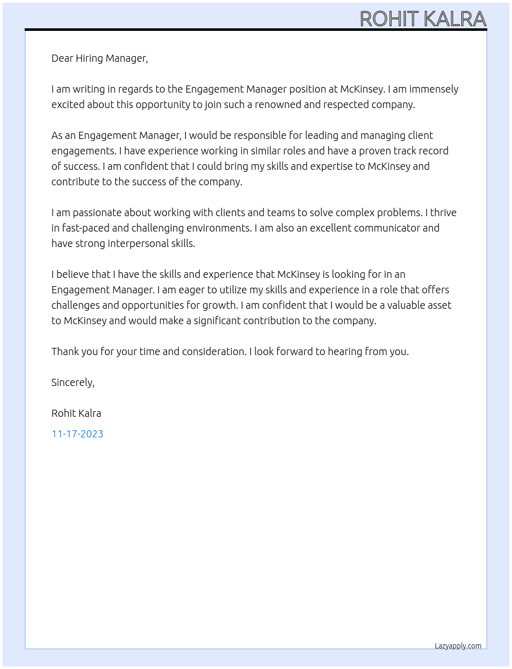 Engagement Manager At McKinsey  Cover Letter