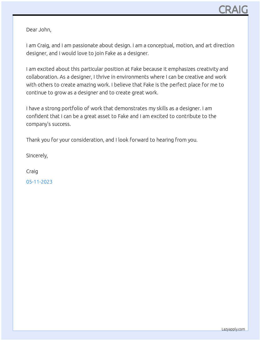 Designer At Fake Cover Letter