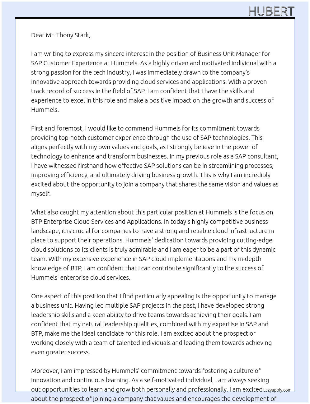 Business Unit Manager SAP Customer Experience - BTP Enterprise Cloud Services and Applications At Hummels Cover Letter
