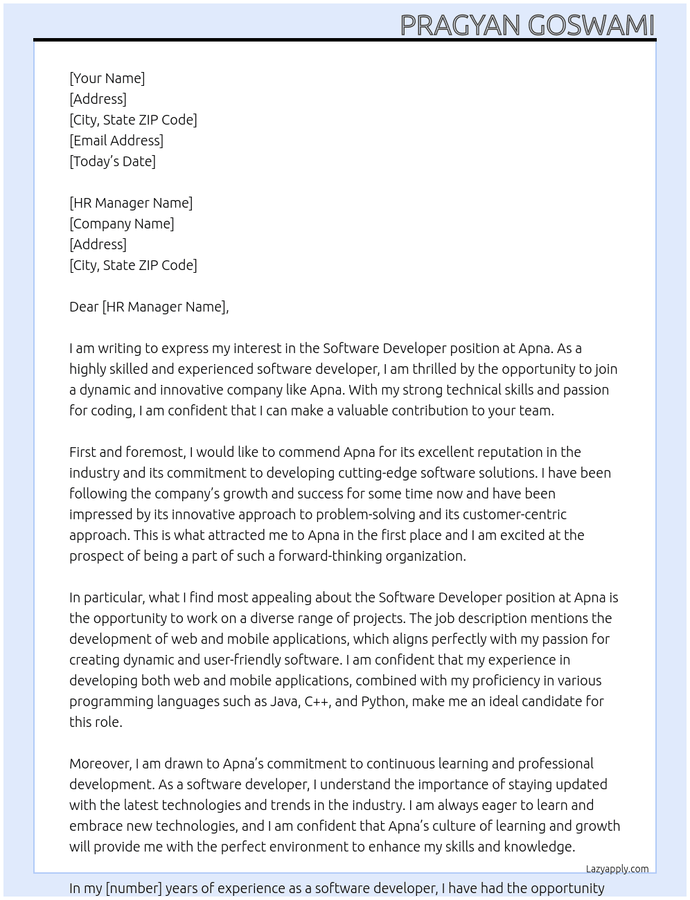 Software Developer At Apna Cover Letter