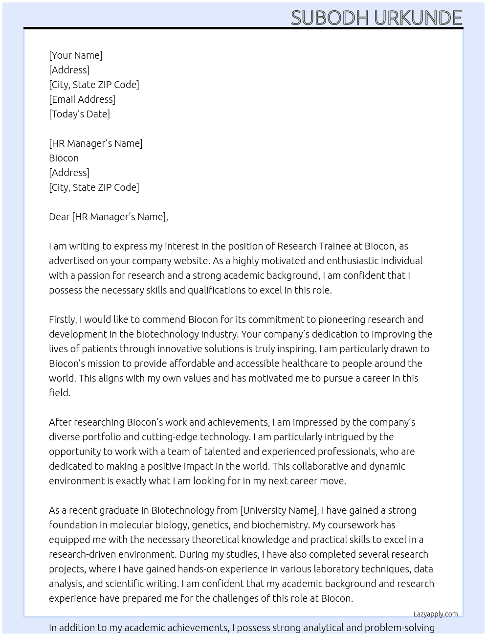 Research trainee  At Biocon  Cover Letter