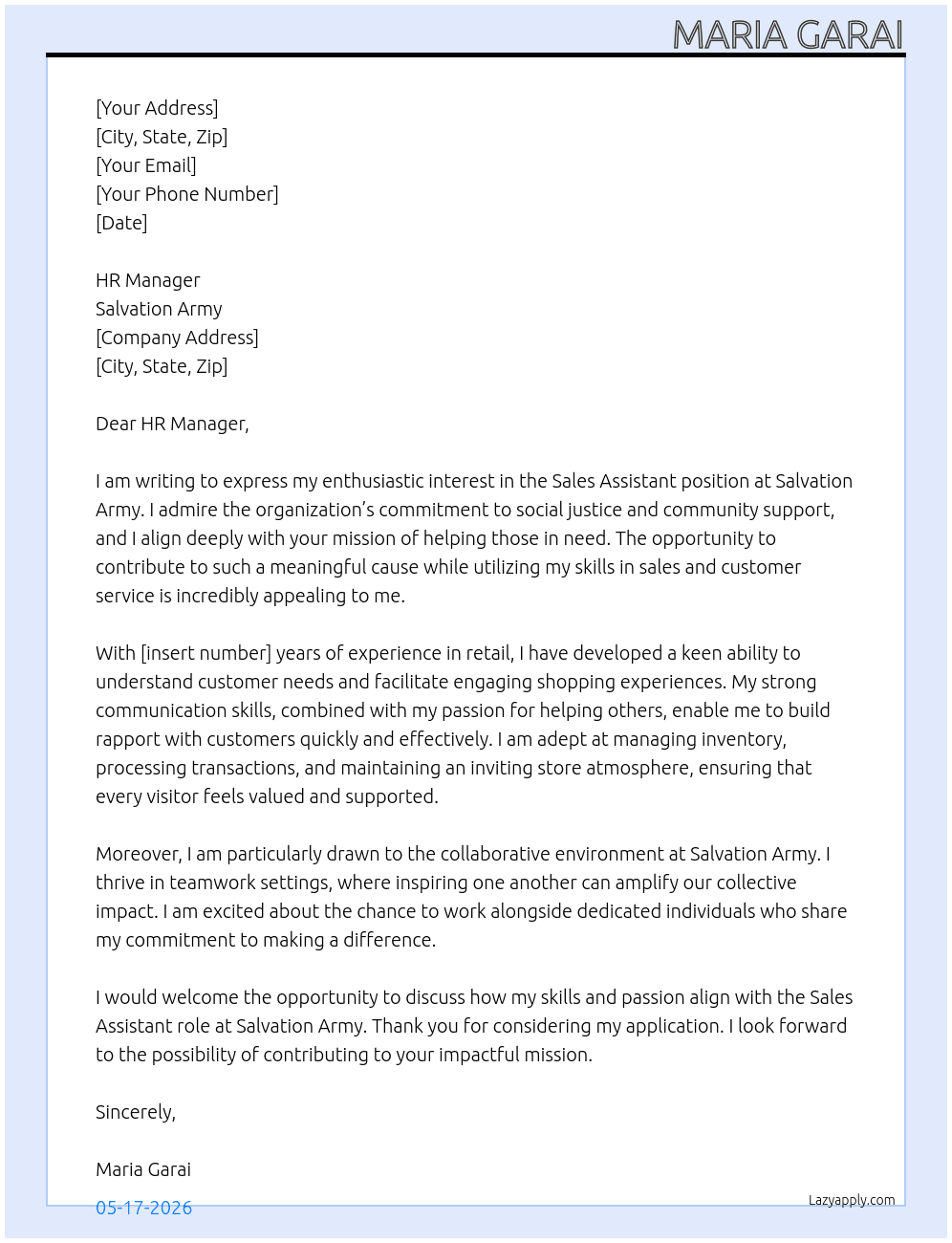 sales assistant At Salvation Army Cover Letter