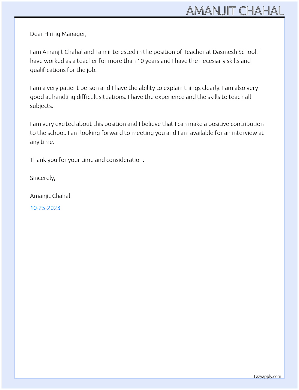 Teacher  At Dasmesh School  Cover Letter