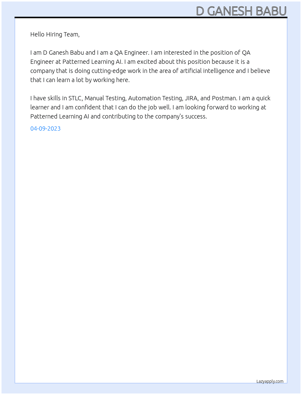 QA Engineer At Patterned Learning AI Cover Letter