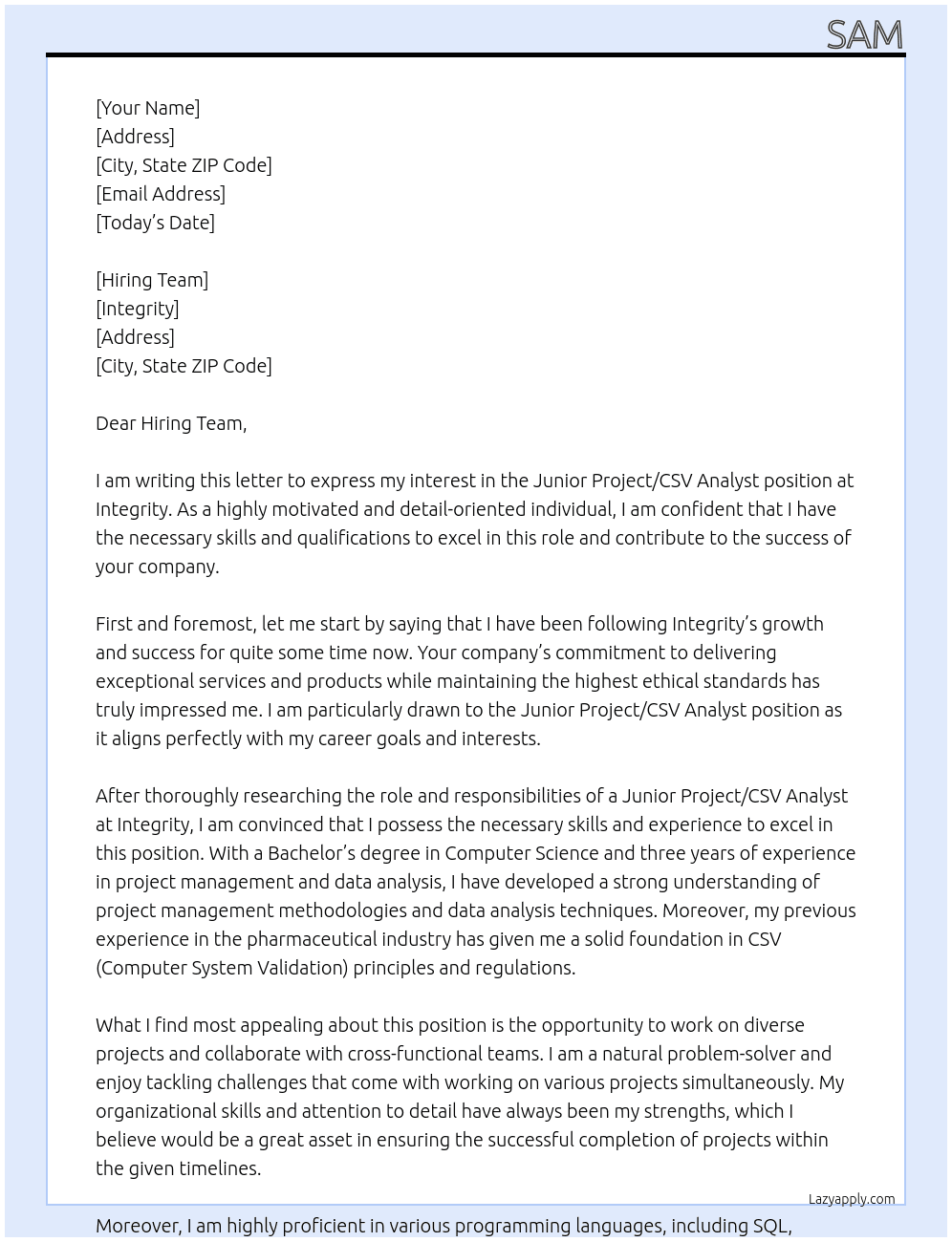 Junior Project/CSV Analyst At Integrity Cover Letter