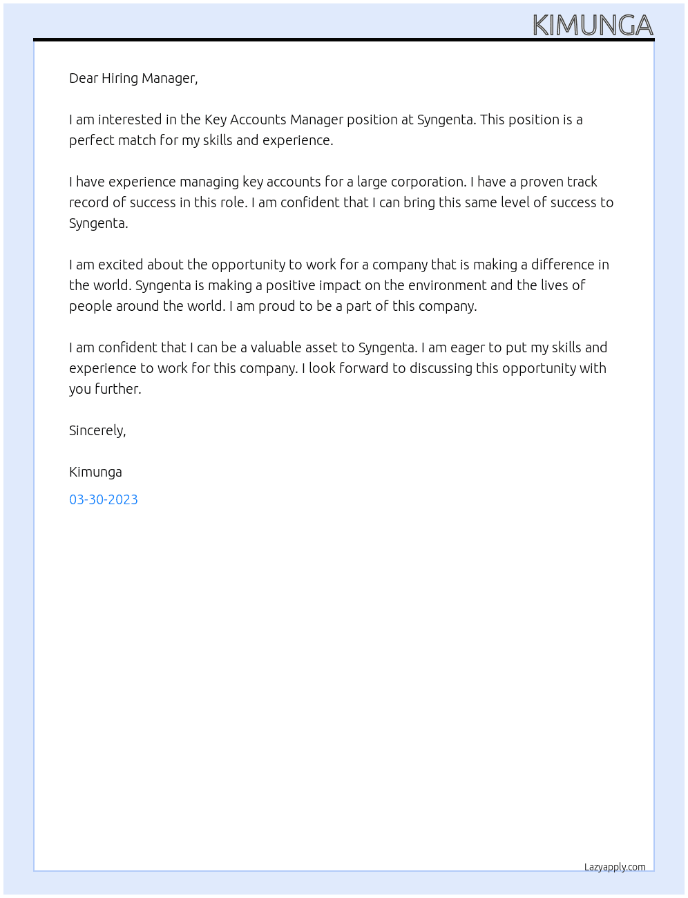 Key Accounts Manager At Syngenta Cover Letter