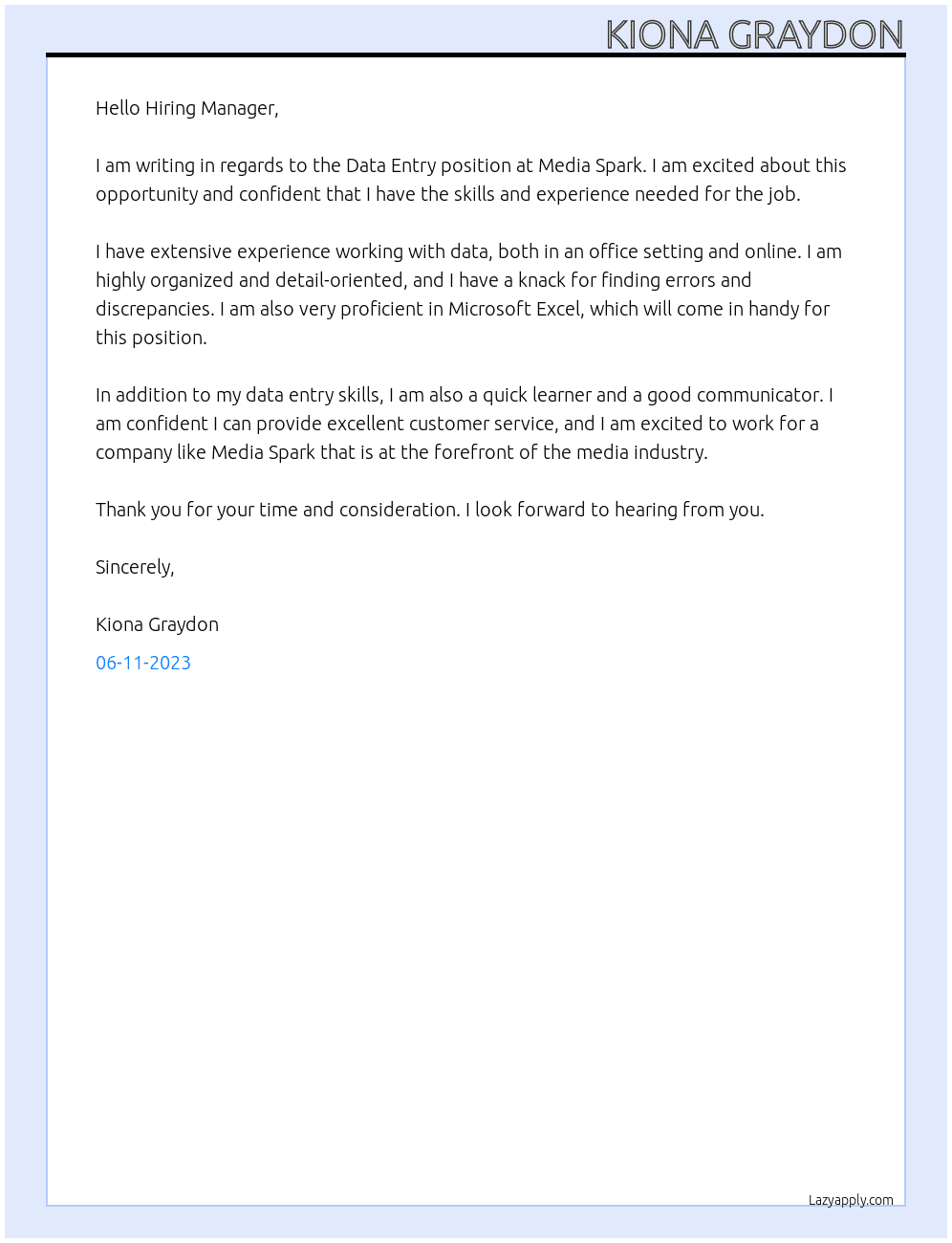 Data entry At Media spark  Cover Letter