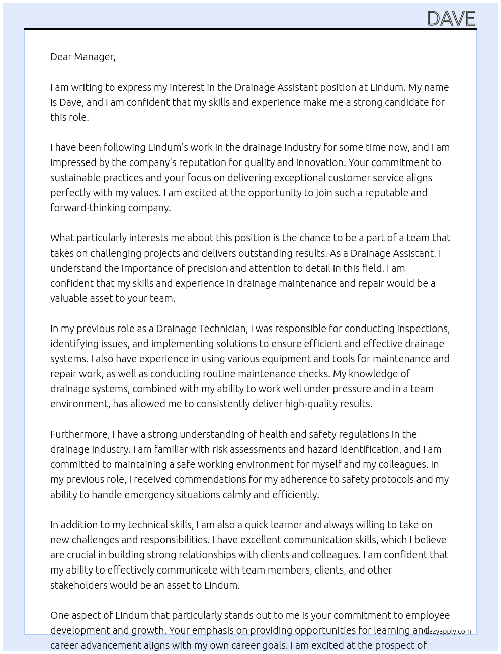 Drainage Assistant  At Lindum Cover Letter