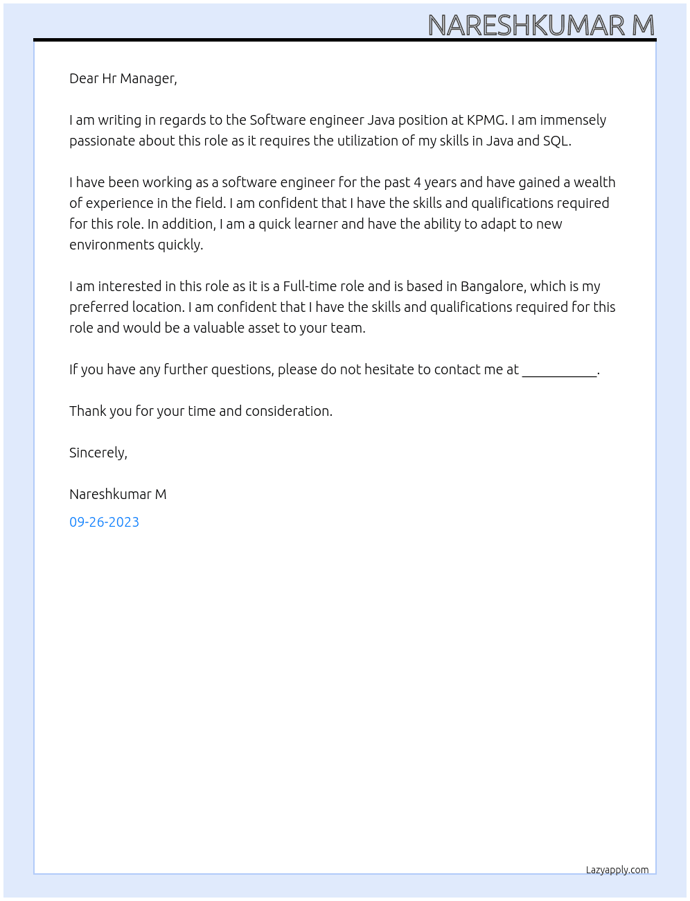 Software engineer Java At KPMG Cover Letter