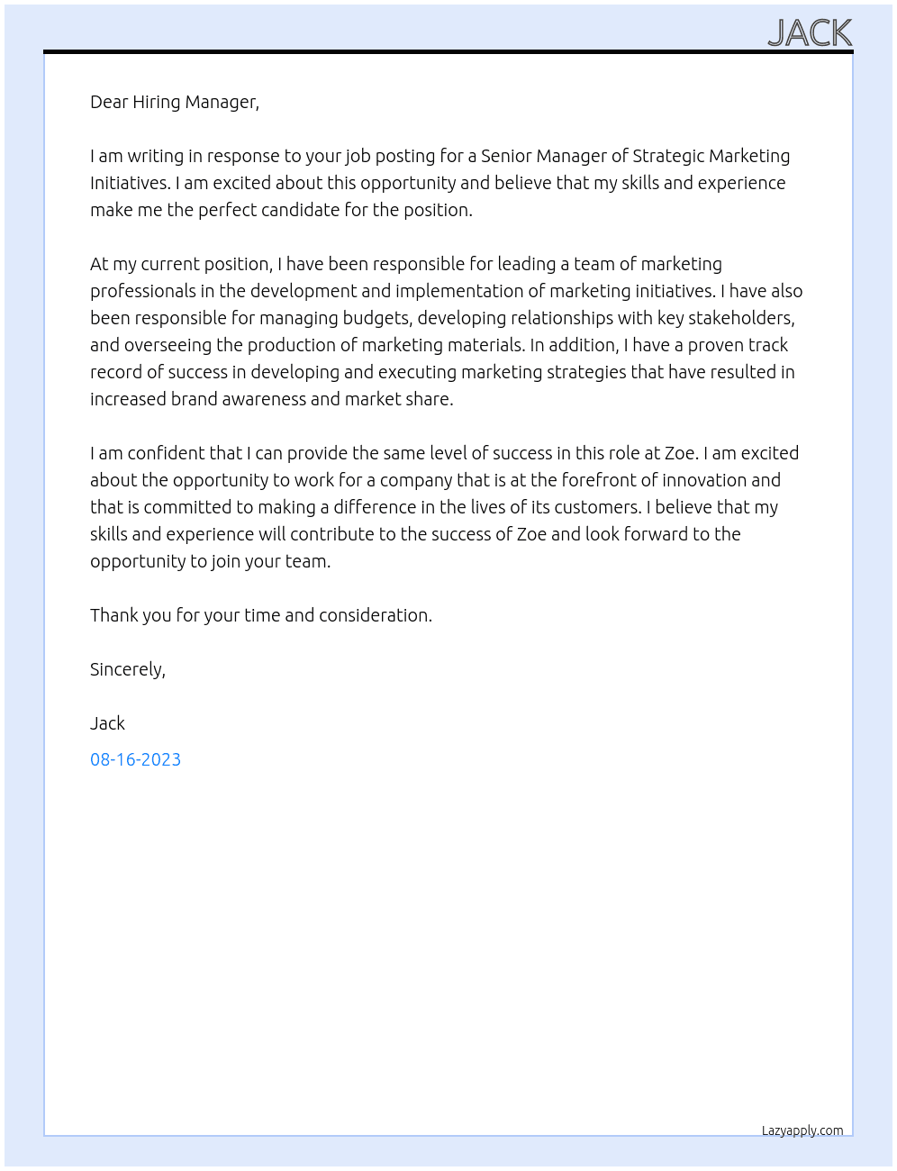 Senior Manager - Strategic Marketing Initatives At Zoe Cover Letter