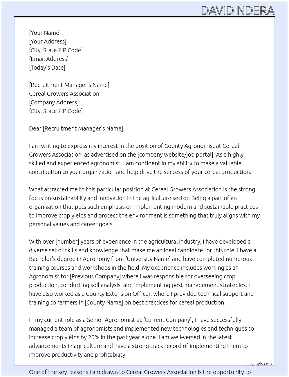 county agronomist At cereal growers association Cover Letter