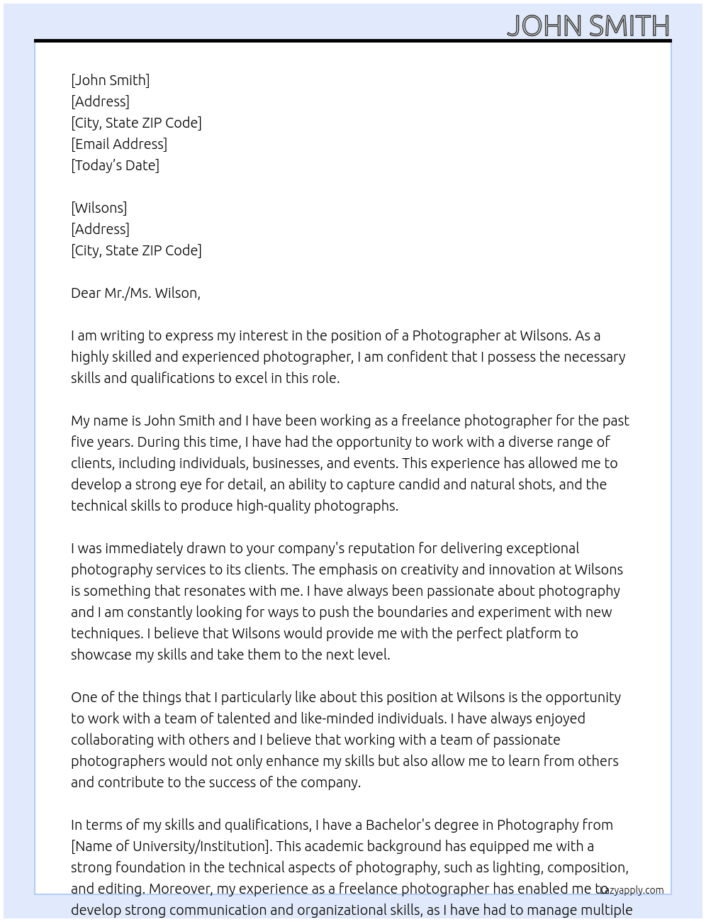 Photographer  At Wilsons Cover Letter