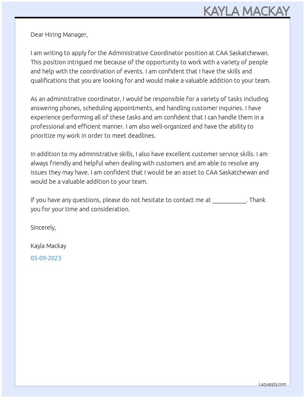 Administrative Coordinator At CAA Saskatchewan Cover Letter