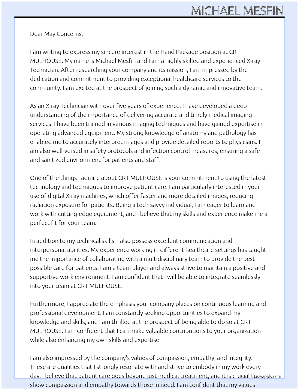 Hand package At CRT MULHOUSE Cover Letter