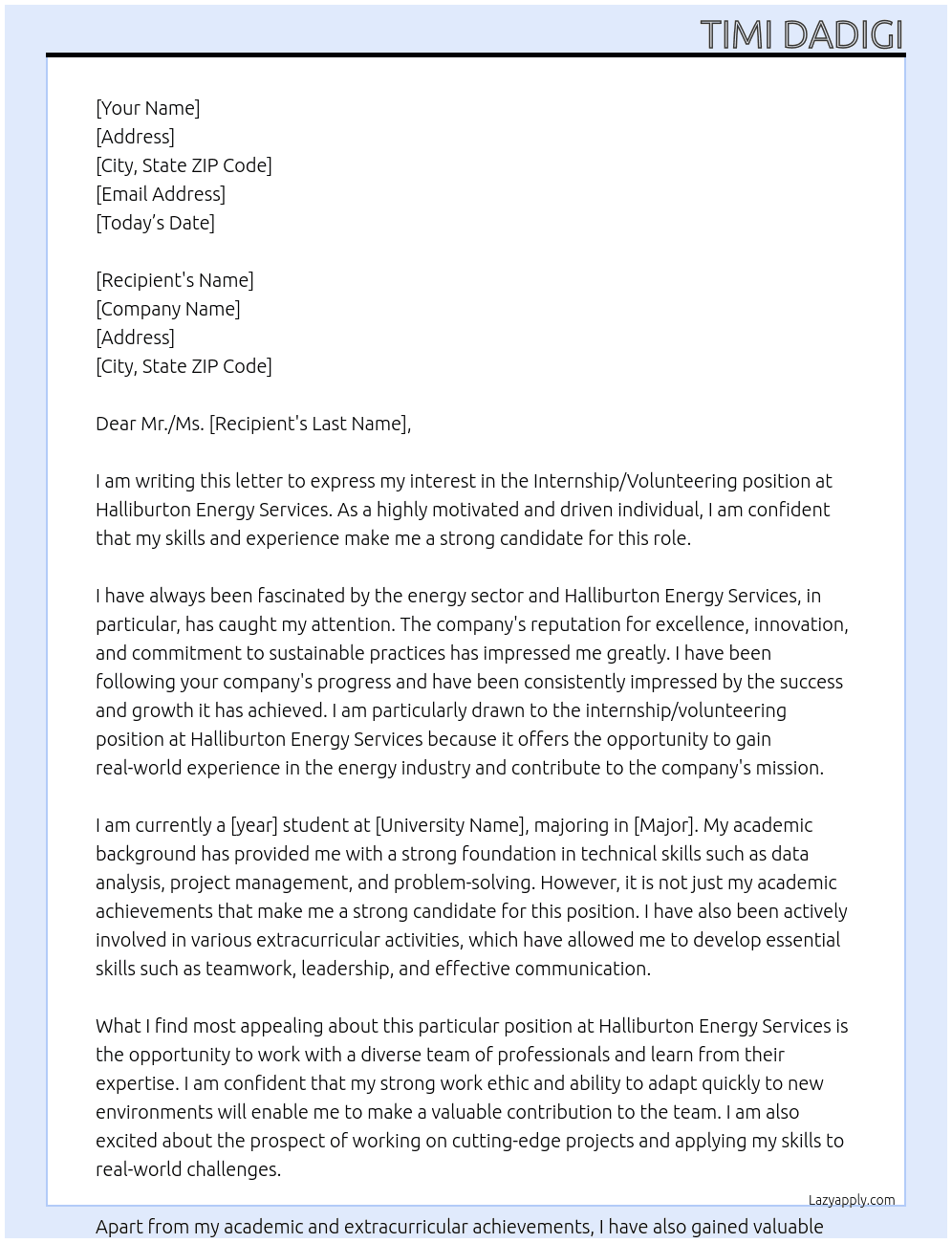 Internship/Volunteering At Halliburton Energy Services Cover Letter