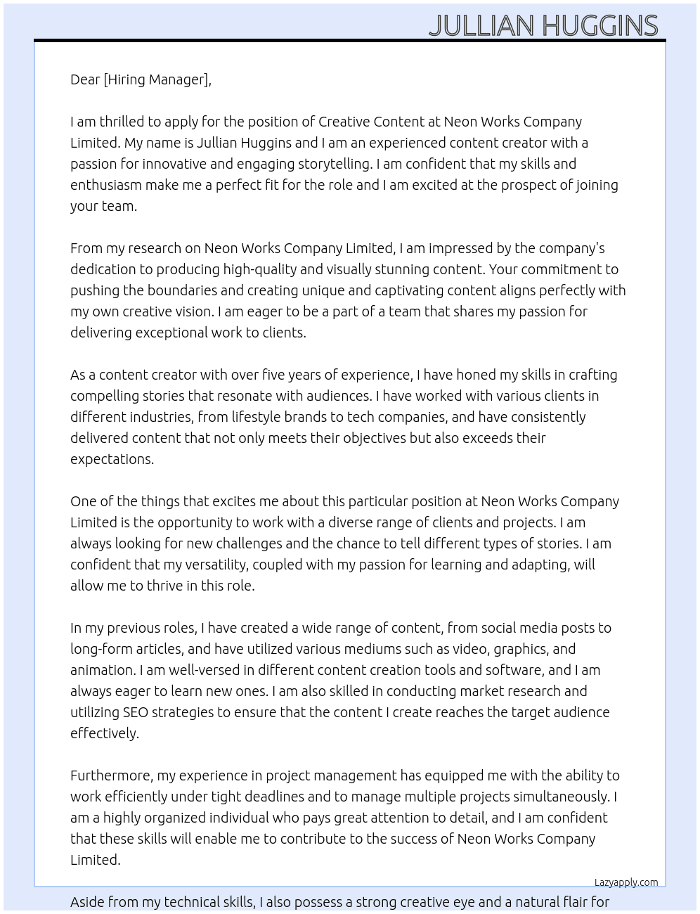 Creative Content  At Neon Works Company Limited  Cover Letter