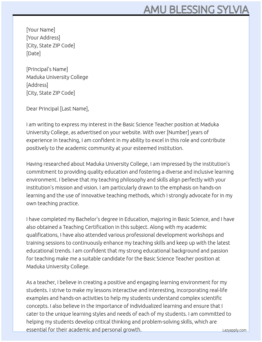 Basic science Teacher At Maduka University College Cover Letter