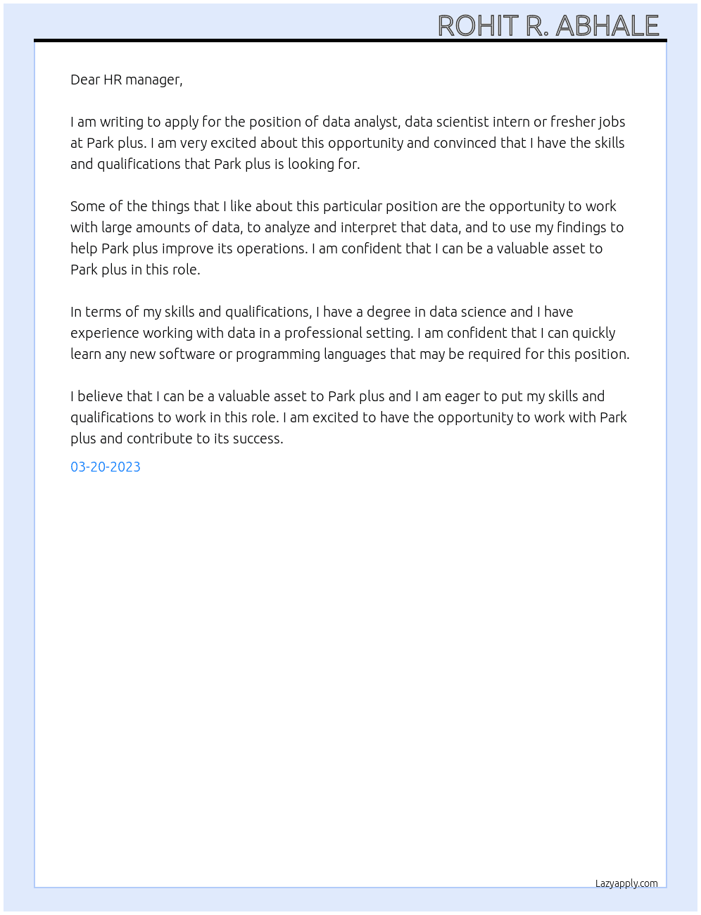 Data analyst, data scientist intern or fresher jobs  At Park plus Cover Letter