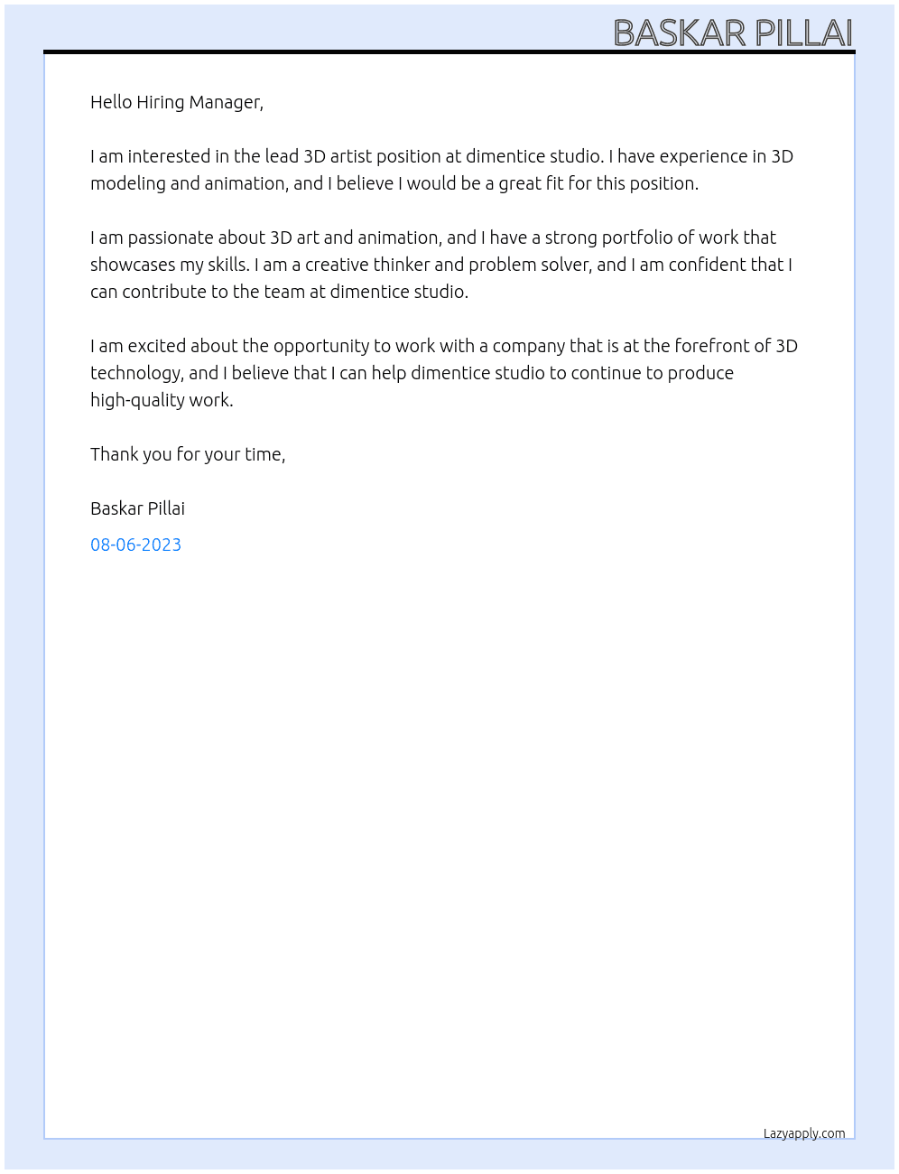 lead 3d artist At dimentice studio Cover Letter